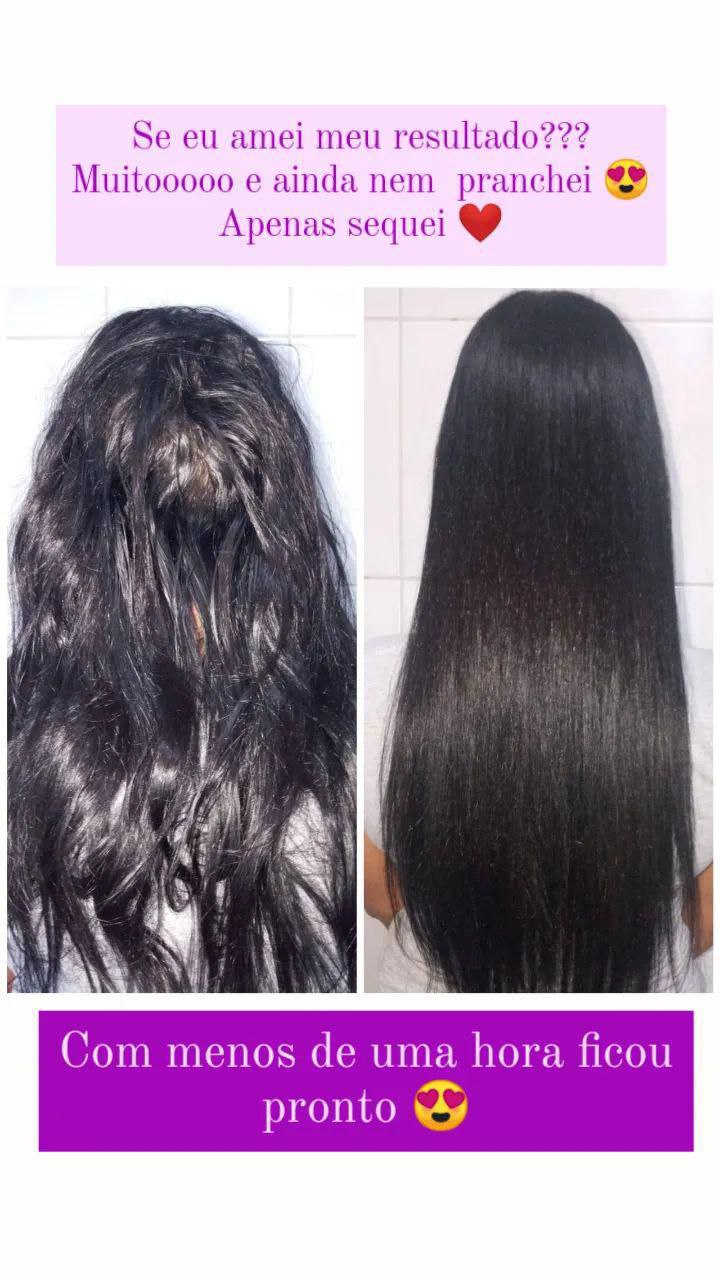Antes e depois de cabelo compartilhado em material de cliente