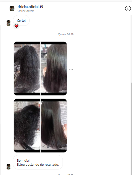 Comparação visual de cabelo antes e depois compartilhada por cliente